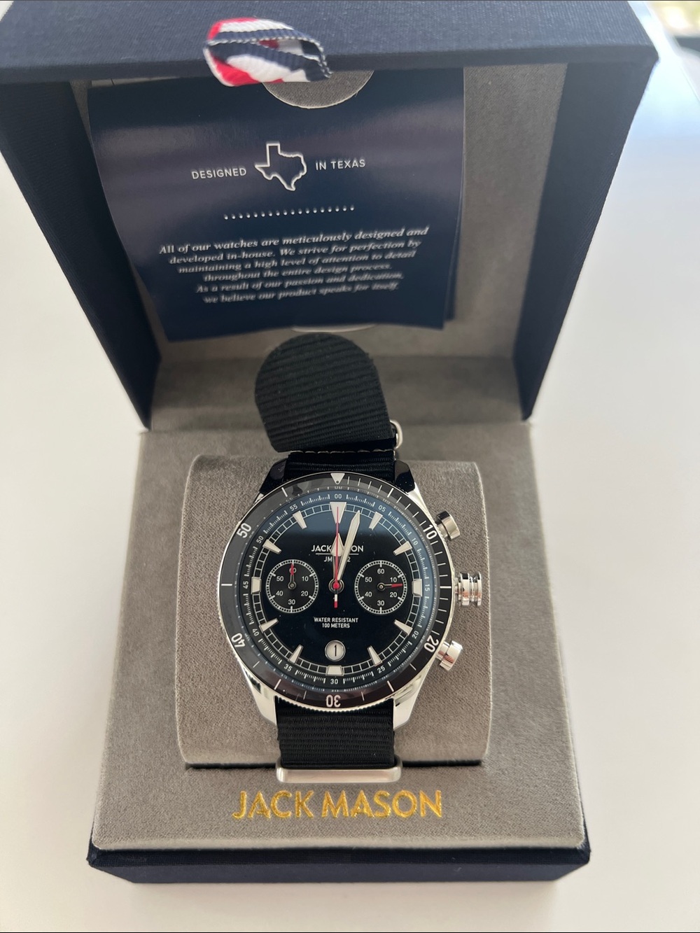 New Jack Mason Black and Silver Chronograph Watch with Black Nylon Strap